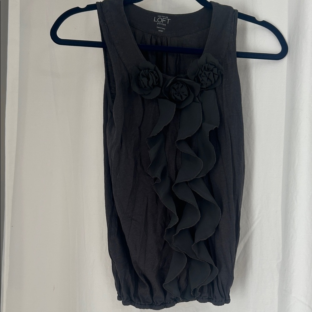 LOFT Black Sleeveless Tank Top with Floral Accents